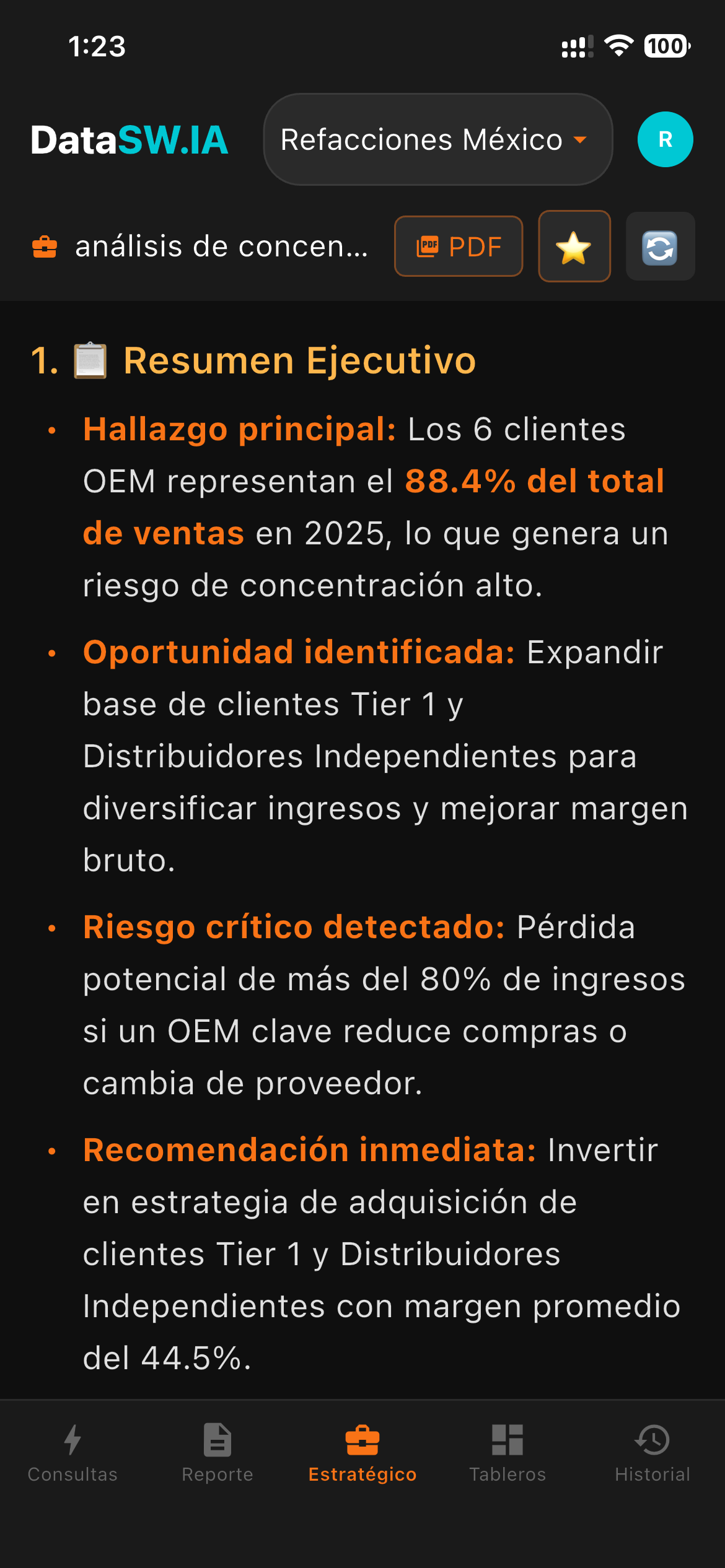 App móvil DataSW.IA con análisis estratégico